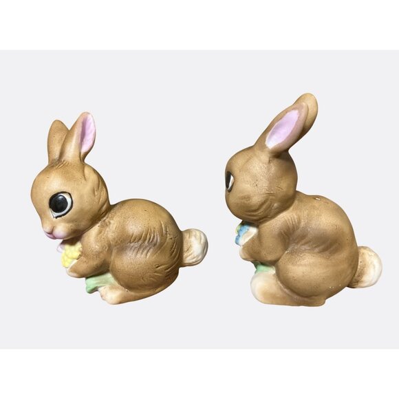 Ceramic Bunny Figurines Brown With Flowers Easter Decor Pair Vintage - Picture 7 of 14